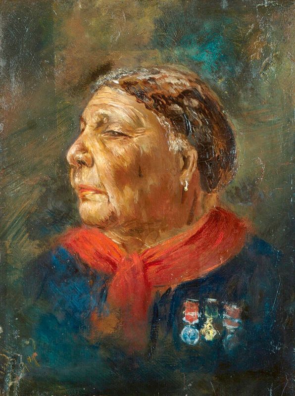 Painted portrait of Mary Seacole wearing a dark dress and medals