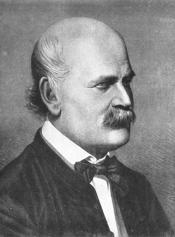 Engraved portrait of Ignaz Semmelweis with a moustache and dark coat