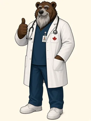 Gary the Grizzly in a lab coat and scrubs